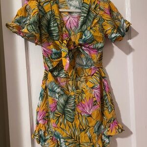 Tropical Tie-Front Romper in Mustard Floral